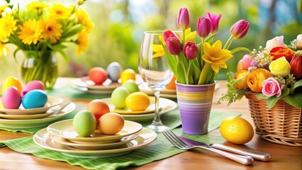 Poster - Vibrant Easter eggs and flowers on a festive table setting, Easter, celebration, holiday, spring, colorful, decorations