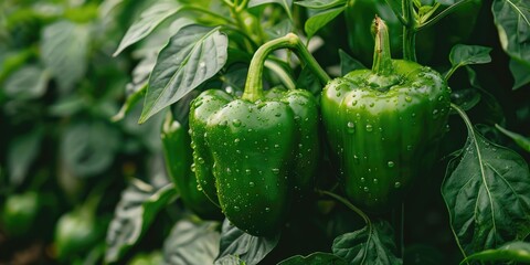 Poster - Vibrant green bell peppers flourishing in a residential garden