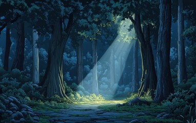 Wall Mural - Sunbeams Through a Dense Forest - Illustration