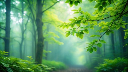 Sticker - Soft focused foreground leaves in misty forest with lush green foliage, misty, forest, green, foliage, soft focus, leaves