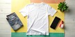 © Adisorn - A blank, white t-shirt on a flat lay surface with a smartphone screen displaying a video playback, surrounded by trendy design elements and colorful accents.