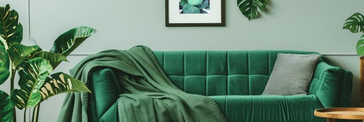 Canvas Print - Green blanket arranged over a colorful sofa with cushions in a modern living room decorated with plants and a picture frame display on the wall.