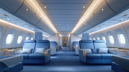 A high end airplane interior designed for business travelers, showcasing a modern and comfortable environment. Clear space for messages.