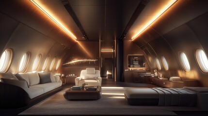 A high end airplane interior designed for business travelers, showcasing a modern and comfortable environment. Clear space for messages.