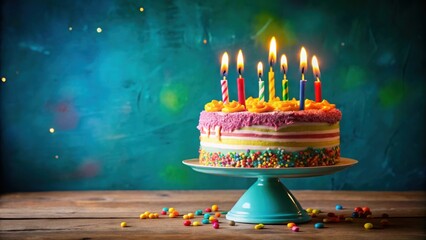 Sticker - A colorful birthday cake with lit candles , celebration, dessert, candles, festive, party, sweet, bakery, slice