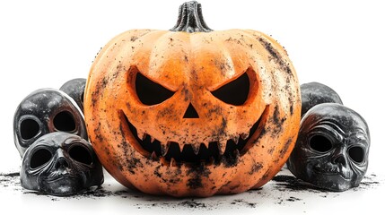 Cursed jack-o'-lantern with malevolent expression, adorned with Halloween party masks, eerie atmosphere, photorealistic art, isolated on white background