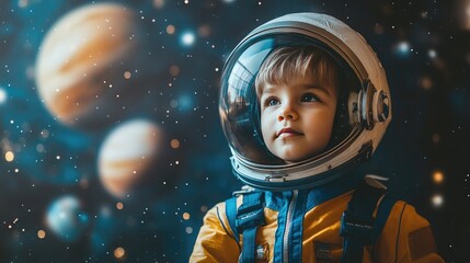 Wall Mural - a kid dressed as an astronaut with a backdrop of stars and planets, emphasizing space travel themes 