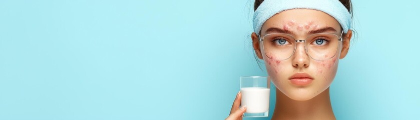 Teenage girl with acne on her temples, holding a skincare product