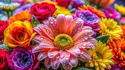 Sticker - Close-up shot of vibrant bouquet of flowers covered in dew drops, macro, photography, colorful, bouquet, fresh, flowers