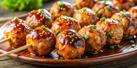 Poster - Close-up of Japanese meatball grill tsukune with delicious juicy meatballs on skewers , Japanese, meatball, grill, tsukune