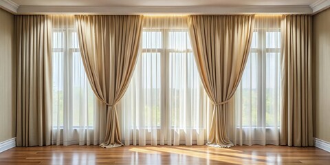 Wall Mural - Curtains hanging in a well-lit room , home decor, window treatment, interior design, room ambiance, drapes, elegant