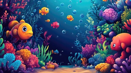 Wall Mural - A lively underwater cartoon with various sea creatures, from fish to crabs, creating a vibrant and fun background with ample copy space.