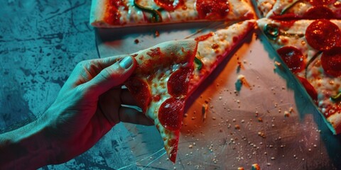 Wall Mural - A hand extending from above towards a piece of pizza.