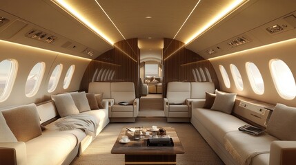 A luxurious air travel scene with a private jet and exclusive services, showcasing high end travel experiences. Plenty of space for text.