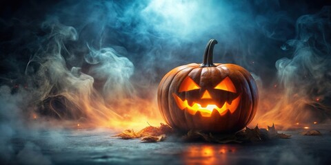 Canvas Print - Spooky Halloween background featuring a glowing Jack-o-lantern surrounded by eerie mist , Pumpkin, October, Scary