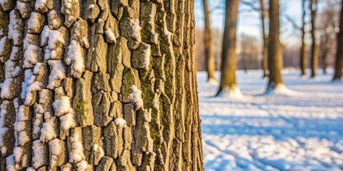 Sticker - Close-up detail of oak tree bark in winter , oak, bark, tree, winter, close-up, texture, rough, natural, forest, woodland