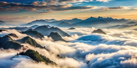 Sticker - Misty clouds among the mountains, fog, clouds, mist, atmospheric, scenic, nature, landscape, serene, tranquil, hazy