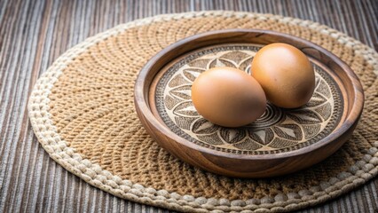 Two eggs on a circular wooden container with mandala mat and wood base, eggs, circular, wooden container, mat, mandala