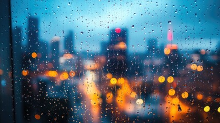 Wall Mural - A macro shot of raindrops on a windowpane with a blurred cityscape in the background, offering a reflective and atmospheric scene with ample space for copy.