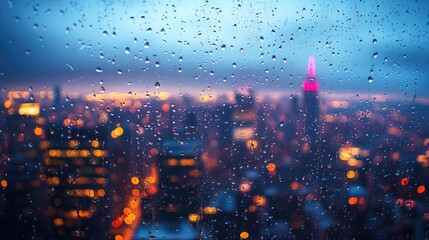 Wall Mural - A macro shot of raindrops on a windowpane with a blurred cityscape in the background, offering a reflective and atmospheric scene with ample space for copy.