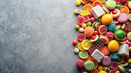 Wall Mural - Assorted pile of sweets on grey background, colorful, candy, treats, dessert, sugary, confectionery, delicious, assortment