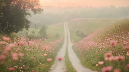 Serene rural road lined with wildflowers, pastel colors, soft focus, gentle breeze, pastoral beauty