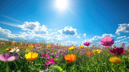 A meadow filled with wildflowers under a bright blue sky, with the flowers in various colors creating a beautiful scene.