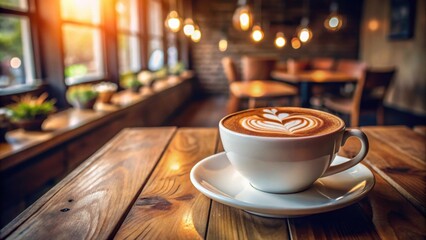 Wall Mural - A cup of cappuccino with intricate latte art on a wooden table in a cozy cafe setting, cappuccino, latte art, coffee, cafe, drink