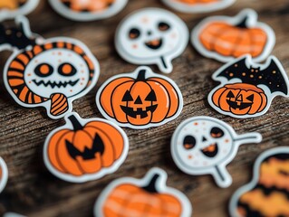 Canvas Print - Halloween Stickers on Wooden Background.