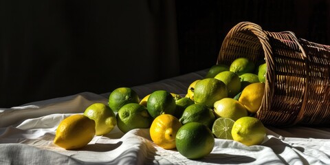 Canvas Print - Citrus fruits cascading from an overturned basket onto a table adorned with a white cloth.