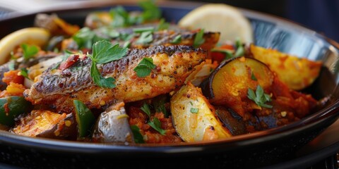 Wall Mural - Traditional Tbahij garnish for fried vegetables such as potatoes, zucchinis, eggplants, and green peppers, often served with fish.