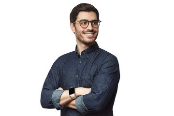young handsome man dressed in casual denim shirt with smartwatch on wrist