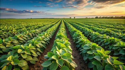 Sticker - Soybean field with rows of soya bean plants, agriculture, farming, crop, soybean, plant, rows, green, field, growth, cultivation