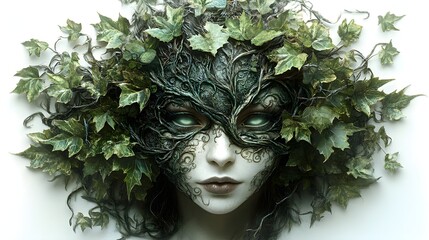 Witch angel wearing a Halloween mask of leaves and thorns, nature and magic fused, dark forest guardian, detailed mask with vine patterns, photorealistic, isolated on white background