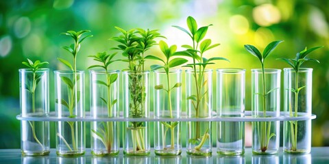 Wall Mural - Green plants growing in test tubes in laboratory, lab, scientific, experiment, biotechnology, research, botany