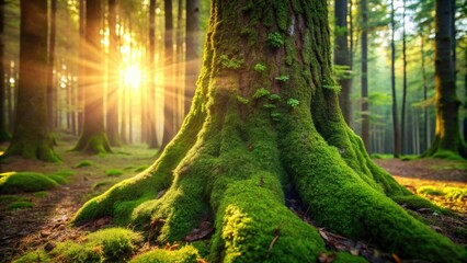 Sticker - Moss-covered tree trunk in a forest with sunlight streaming through canopy, nature, moss, tree, trunk, forest, sunlight