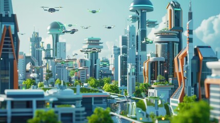 Smart City. 3D illustration of a futuristic cityscape with technology integrated into sustainable urban living.