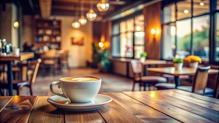 Wall Mural - Cup of coffee on a wooden table in a cozy cafe setting, Cafe, blurred background, beverage, caffeine, morning, relaxation, drink