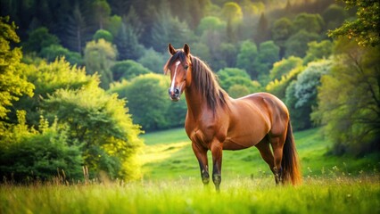 Wall Mural - Beautiful horse in a rural field surrounded by green grass and trees, horse, rural, field, grass, trees, nature