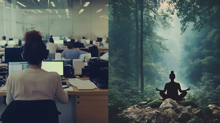 Wall Mural - A split image showing a chaotic office scene with people working intensely at computers, contrasted with a peaceful image of a person meditating in nature