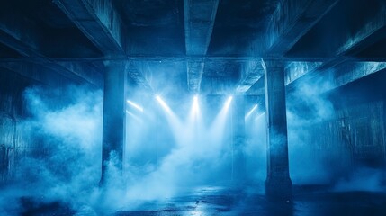 Wall Mural - studio room with smoke blue-tinged foggy underpass at night with intense light beams cutting through the mist, highlighting the urban textures 