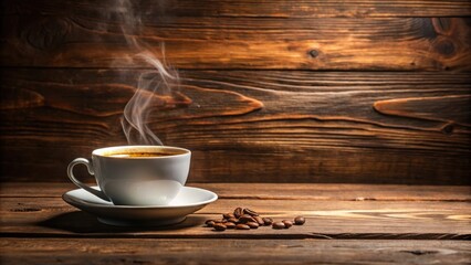 Sticker - Steaming cup of freshly brewed coffee on a rustic wooden table, coffee, cup, drink, morning, caffeine, hot, beverage, aroma