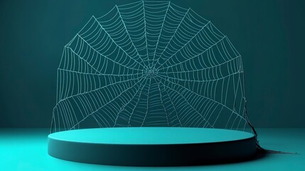 Wall Mural - spider web on turquoise background, round podium. an empty halloween showcase for displaying goods. 