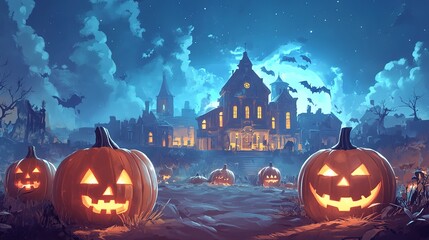 Canvas Print - Pumpkins, Ghost, Spider Labs, halloween Background