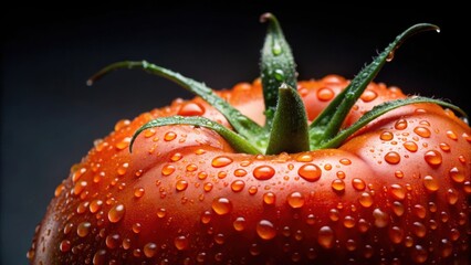 Wall Mural - Close up of a tomato covered in water droplets, tomato, wet, fresh, vegetable, red, healthy, organic, food, close up, water drops