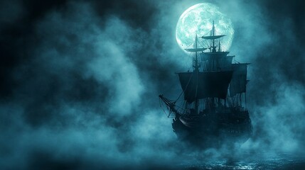 Wall Mural - spooky old sailing ship on a foggy night illuminated by the moon background for halloween concept