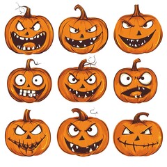 Canvas Print - Vector set of Halloween pumpkin faces with different expressions on white background. 