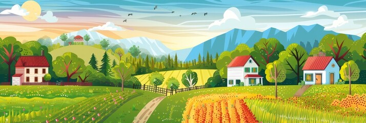 Sticker - Beautiful Countryside Landscape with Houses