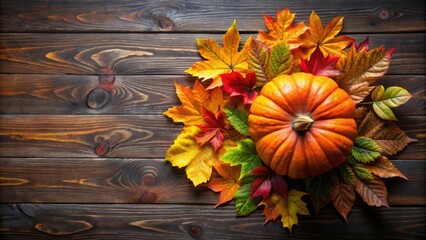 Sticker - Colorful autumn pumpkin arrangement with vibrant leaves on dark wooden background, Autumn, pumpkins, colorful, leaves