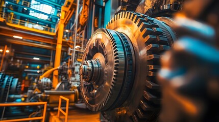 Wall Mural - A man is working on a machine with many gears. Concept of industry and hard work